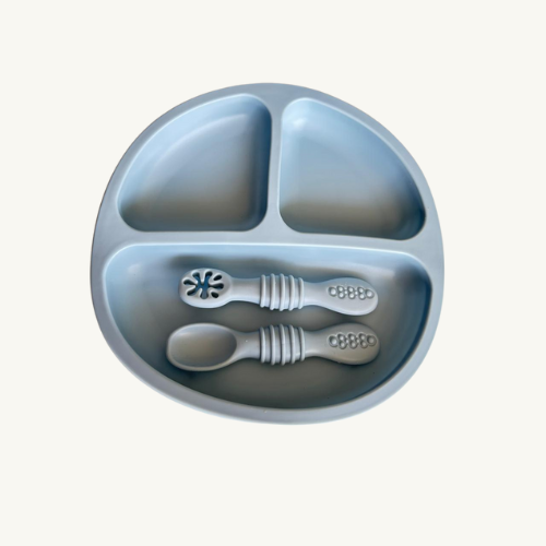 Plato silicona dividido y pack de chuchara/precuchara azul